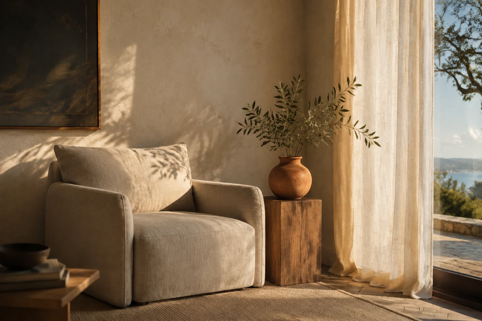Warm interior concept with a linen armchair, oak side table and soft sunlight